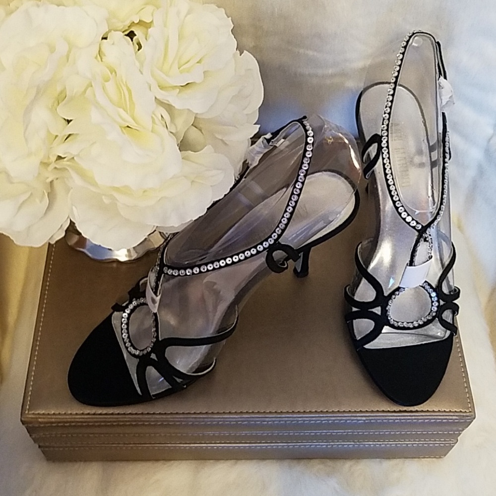 Ann Marino  Black Satin Sandal Pumps, Size 7.5